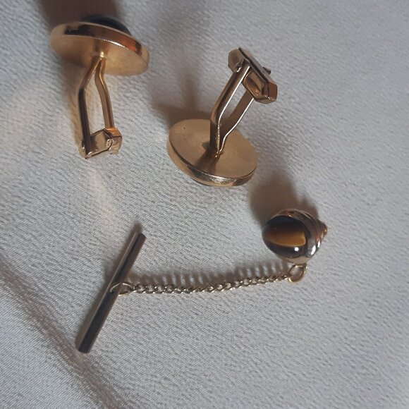 Vintage Tiger's Eye Cuff Link & Tie Tack Set Gold Tone - Picture 5 of 10